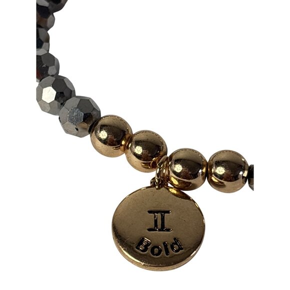Gemini Bold Charm Stretchy Bracelet With Goldtone and Grey Beads - Picture 4 of 5